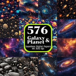 May include: A digital paper pack with 576 galaxy and planet themed designs. The designs are seamless and come in 4K resolution at 300 dpi.