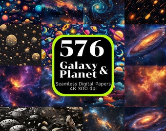Può includere: Un pacchetto di carta digitale con 576 disegni a tema galassia e pianeti. I disegni sono senza cuciture e sono disponibili in risoluzione 4K a 300 dpi.