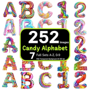 252 Pacote de alfabeto de doces, letras de doces, clipart de doces, alfabeto colorido PNG, letras de doodle, números do alfabeto, pacote de alfabeto, alta resolução