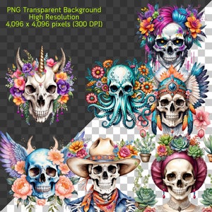 May include: Six colorful skull illustrations with floral accents. Each skull has a unique design, including a unicorn horn, an octopus, a cowboy hat, a Native American headdress, headphones, and a flower crown.