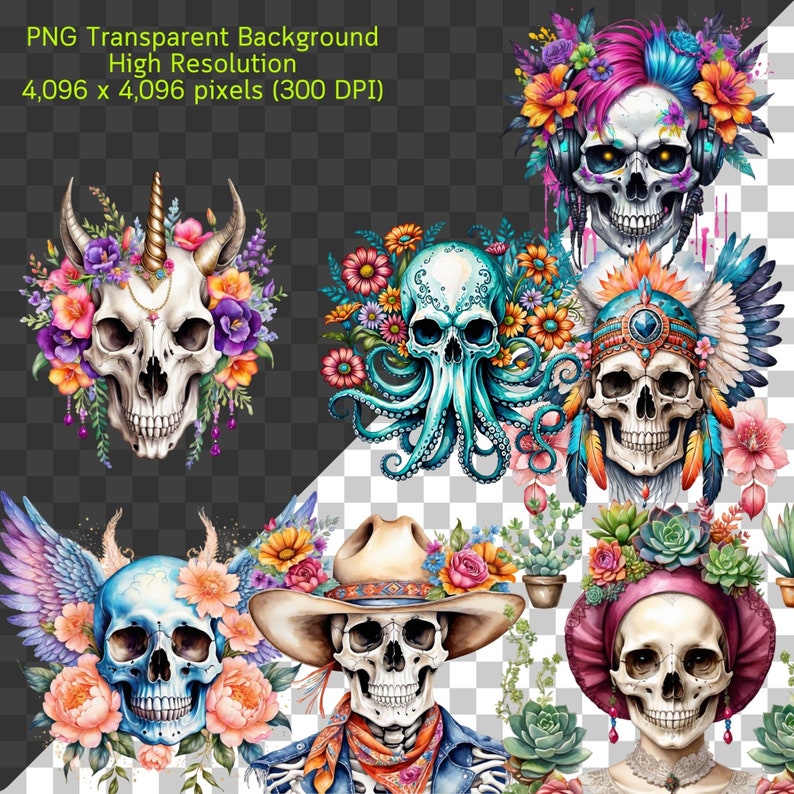 May include: Six colorful skull illustrations with floral accents. Each skull has a unique design, including a unicorn horn, an octopus, a cowboy hat, a Native American headdress, headphones, and a flower crown.