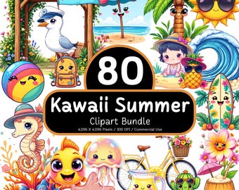 80 Kawaii Summer Clipart Bundle, Beach Vacation PNGs, Tropical Graphic, Preppy Sublimation, Commercial Use