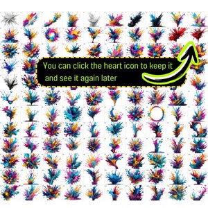 May include: A collection of 64 colorful paint splatters, each with a unique shape and texture. The splatters are arranged in a grid pattern on a white background.