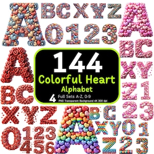 144 Pacote de alfabeto de coração colorido, letras de coração, clipart de coração, alfabeto fofo, alfabeto PNG, pacote de números de alfabeto, pacote de clipart, 4k