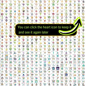 K&ouml;nnte beinhalten: Ein farbenfrohes Raster mit 100 kleinen Cartoon-Bildern, die verschiedene Figuren, Objekte und Lebensmittel zeigen. Der Text "Sie k&ouml;nnen auf das Herz-Symbol klicken, um es zu speichern und sp&auml;ter wieder anzusehen" wird oben im Raster angezeigt.