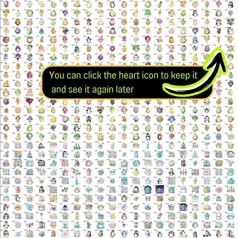 K&ouml;nnte beinhalten: Ein farbenfrohes Raster mit 100 kleinen Cartoon-Bildern, die verschiedene Figuren, Objekte und Lebensmittel zeigen. Der Text "Sie k&ouml;nnen auf das Herz-Symbol klicken, um es zu speichern und sp&auml;ter wieder anzusehen" wird oben im Raster angezeigt.