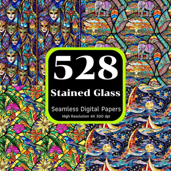 528 Stained Glass Seamless Patterns, Animal Stained Glass, Retro Stained Glass, Seamless Digital Papers, Seamless bundle, Commercial Use