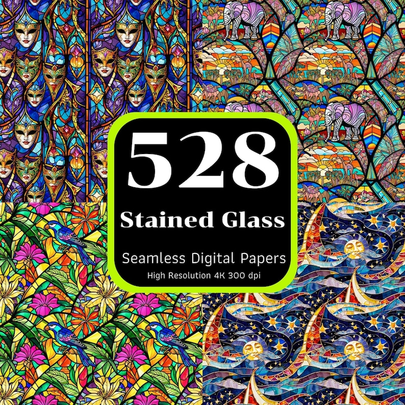 528 sömlösa mönster för målat glas, djurmålat glas, retromålat glas, sömlösa digitala papper, sömlöst paket, kommersiellt bruk bild 1