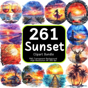 261 Sunset Clipart Bundle, Sunset Png, Sunset Watercolor, Beach Clipart, Summer Clipart, Tropical Sunset, Clipart Bundle, 4K High-Resolution