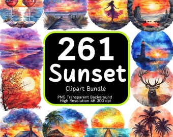 261 Pacchetto clipart tramonto, Png tramonto, Acquerello tramonto, Clipart spiaggia, Clipart estivo, Tramonto tropicale, Pacchetto clipart, 4K ad alta risoluzione