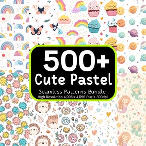 以下が含まれることがあります： 500種類以上の可愛いパステルカラーのシームレスパターンをデジタルダウンロードできます。パターンには、虹、カップケーキ、惑星、人魚、ハリネズミ、ドーナツ、ハートなど、さまざまなデザインが含まれています。パターンは高解像度で、4,096 x 4,096ピクセル、300dpiです。