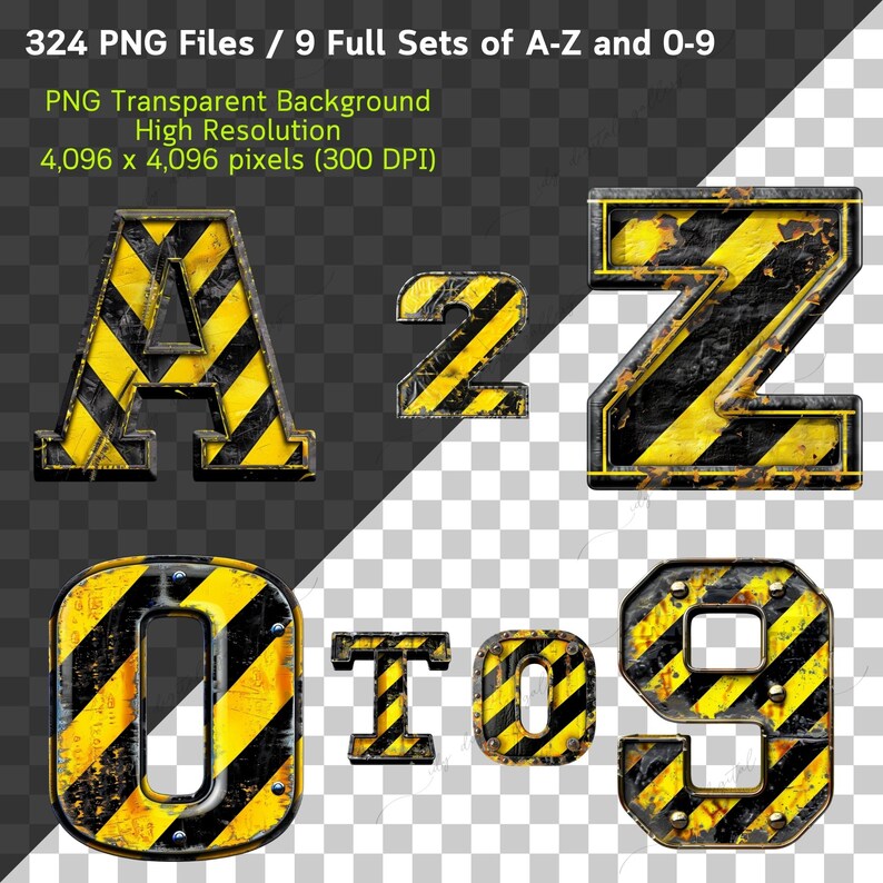 May include: 324 PNG files of a yellow and black striped alphabet and numbers with a rusty metal texture. The letters and numbers are in a bold, industrial font. The background is transparent.