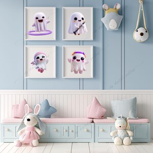 May include: Four framed prints of cartoon ghosts with different accessories, including a clarinet and a headband. The prints are displayed on a light blue wall above a bench with pink and blue pillows and stuffed animals.