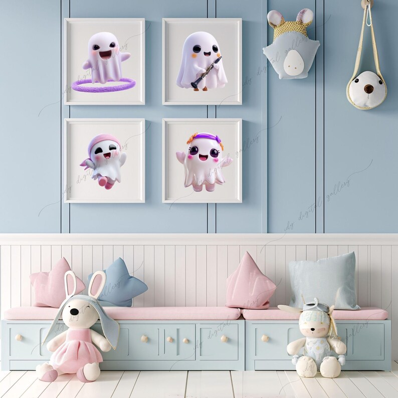 May include: Four framed prints of cartoon ghosts with different accessories, including a clarinet and a headband. The prints are displayed on a light blue wall above a bench with pink and blue pillows and stuffed animals.