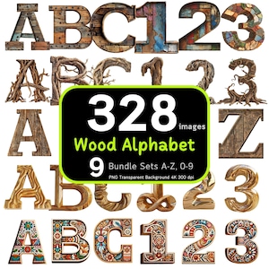 Paquete de alfabeto de madera 324, Letras de madera, Imágenes prediseñadas de madera, PNG de madera, Números del alfabeto, Paquete de alfabeto, Alta resolución 4K, Uso comercial