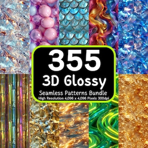 May include: A digital download of 355 3D glossy seamless patterns. The patterns are high resolution, 4,096 x 4,096 pixels, and 300 dpi. The patterns include a variety of textures, such as scales, bubbles, and swirls.