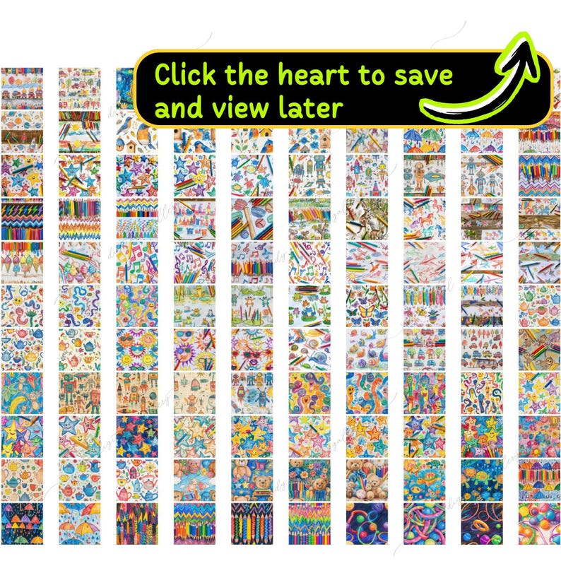 May include: A digital paper pack with 60 colorful patterns featuring various designs, including stars, musical notes, crayons, and animals. The patterns are perfect for scrapbooking, card making, and other craft projects.