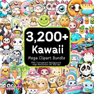 Plus de 3 200 cliparts kawaii, mega lot de cliparts, kawaii mignon, animaux kawaii, PNG kawaii, autocollants kawaii, doux kawaii, lot de cliparts, 4K haute résolution
