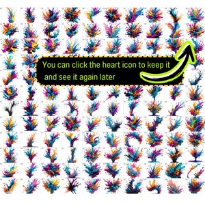 May include: A collection of 64 colorful paint splatters, each with a unique shape and pattern. The colors include blue, yellow, orange, pink, and purple. The splatters are arranged in a grid pattern on a white background.