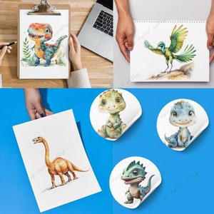 May include: A set of five watercolor illustrations featuring cute dinosaurs. The illustrations are in a cartoon style and feature a variety of dinosaurs, including a Tyrannosaurus Rex, a Brachiosaurus, a Triceratops, a Stegosaurus, and a Pterodactyl. The illustrations are perfect for use in children's books, educational materials, or as decorative elements.