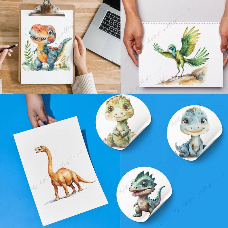 May include: A set of five watercolor illustrations featuring cute dinosaurs. The illustrations are in a cartoon style and feature a variety of dinosaurs, including a Tyrannosaurus Rex, a Brachiosaurus, a Triceratops, a Stegosaurus, and a Pterodactyl. The illustrations are perfect for use in children's books, educational materials, or as decorative elements.