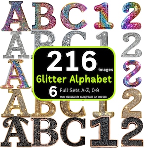 Bundle di 216 alfabeti glitterati, alfabeto glitterato PNG, disegni glitterati, alfabeto colorato, sublimazione dell’alfabeto, stampa digitale alfabetica, alta risoluzione