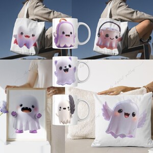 May include: Collection of Halloween-themed items featuring cute ghost illustrations. Includes a tote bag, coffee mugs, a framed print, and a decorative pillow. The ghost designs are in shades of purple, white, and pink, with various accessories.