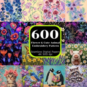 May include: A collection of digital papers featuring floral and animal embroidery patterns. The image showcases various designs, including flowers, a pig, a cat, a bird, penguins, and raccoons. The text reads "600 Flower & Cute Animal Embroidery Pattern".