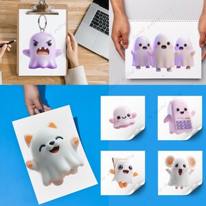 May include: A collection of whimsical ghost-themed figurines and keychains. The images showcase various designs, including a purple angry ghost keychain, a white cat-ghost, and several smiling ghost figures. The color palette includes shades of purple, white, and orange.