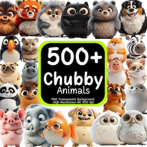 Más de 500 imágenes prediseñadas de animales gorditos, PNG de animales lindos, imágenes prediseñadas de animales bebés, paquete de imágenes prediseñadas, alta resolución 4K, uso comercial