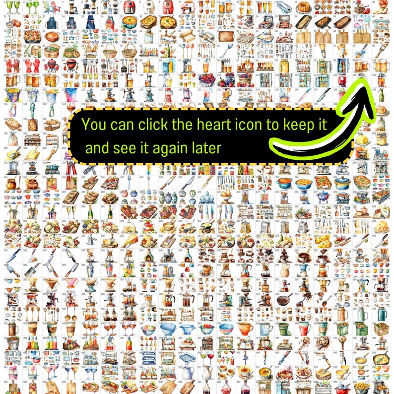 May include: A large collection of watercolor illustrations of kitchenware, food, and drinks. The illustrations are arranged in a grid pattern and include items such as pots, pans, utensils, spices, fruits, vegetables, and beverages. The text "You can click the heart icon to keep it and see it again later" is visible at the bottom of the image.