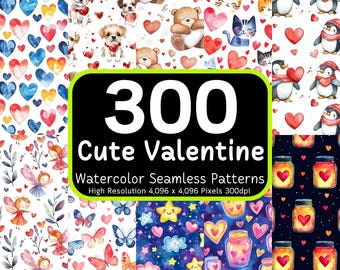 300 Cute Valentine Watercolor Seamless Patterns Bundle, Valentine Background, Cute Valentine's Day, Seamless Bundle, Commercial Use, 300dpi