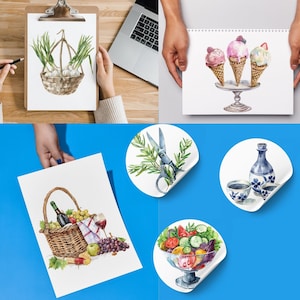 May include: A set of watercolor illustrations featuring various food and kitchen items. The illustrations include a basket of garlic, a bowl of salad, a bottle of wine, a vase with flowers, and a set of ice cream cones.