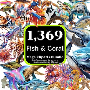 1.369 vis clipart megabundel, zeedieren, koralen, zoetwatervissen, onderwater clipart, schattige vis clipart, clipart bundel, 4K hoge resolutie