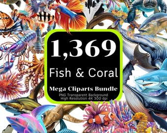 1,369 Fish Cliparts Mega Bundle, Sea Creatures, Corals, Freshwater Fish, Under Water Clipart, Cute Fish Clipart, Clipart Bundle, 4K High-Res