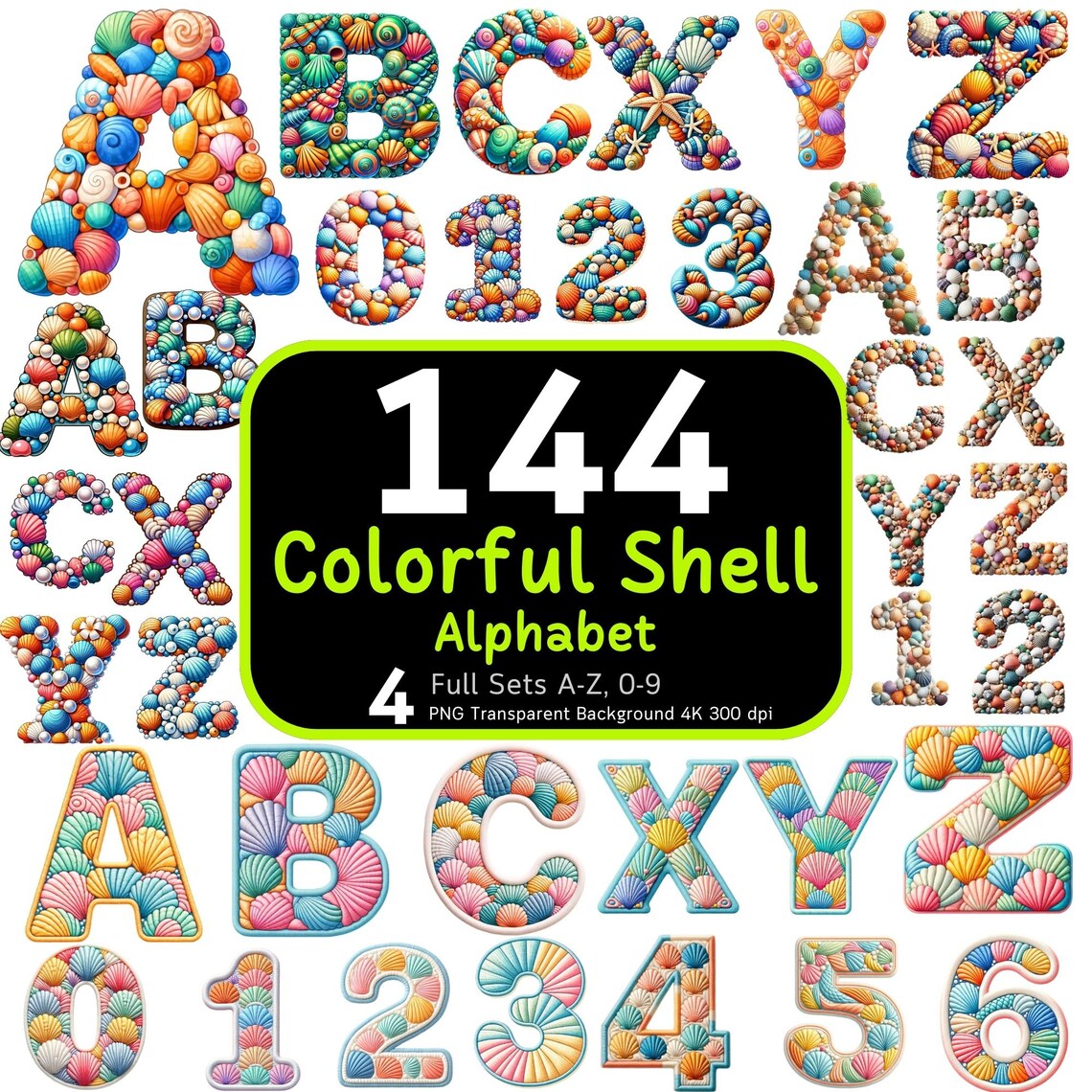 144 Shell Alphabet Bundle, Colorful Alphabet, Shell Clipart, Shell ...