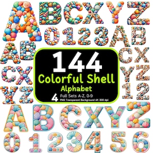 144 Muschel Alphabet Bundle, buntes Alphabet, Muschel Clipart, Muschel Buchstaben, Alphabet Stickerei, süßes Alphabet PNG, Clipart Bundle, 4k