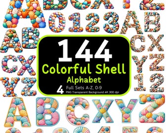 144 Shell Alphabet Bundle, Colorful Alphabet, Shell Clipart, Shell Letters, Alphabet Embroidery, Cute Alphabet PNG, Clipart Bundle, 4k