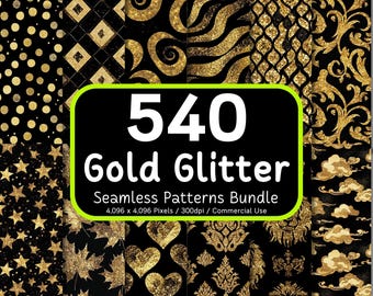 Bundel 540 gouden glitter naadloze patronen, zwart en goud texturen, glamoureuze achtergrond, plakboekpapier, digitaal papierpakket, commercieel gebruik