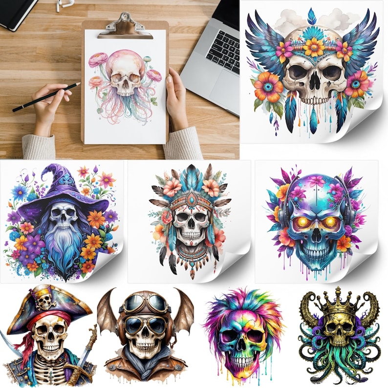 May include: Set of ten colorful digital illustrations featuring various skull designs. Each skull is adorned with flowers, feathers, and other decorative elements. The skulls are in different styles, including a witch, a Native American, a pirate, and a steampunk skull.