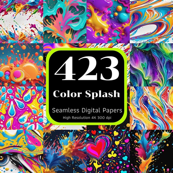 423 Color Splash Seamless Digital Papers, Ink Splash, Watercolor Splash, Printable Paper, Seamless Printable, 4K High-Res, Commercial Use