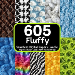 May include: A digital paper bundle with 605 seamless patterns featuring fluffy textures in various colors, including blue, green, yellow, black, white, and rainbow. The patterns are high resolution, 4,096 x 4,096 pixels, and 300 dpi.