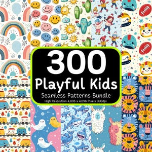 300 spielerische Kinder nahtlose Muster Bündel, Kinder Hintergrund, niedliche digitale Papiere, sich wiederholender Musterdruck, nahtlose Bündel, kommerzielle Nutzung
