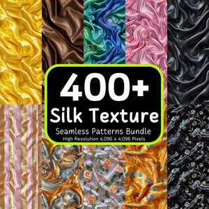 May include: A collection of 400+ high-resolution silk texture seamless patterns. The patterns feature various colors and designs, including gold, brown, blue, pink, and black.