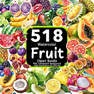 518 aquarel fruit cliparts, fruit aquarel clipart, fruit PNG, fruit clipart, clipart bundel, 4K hoge resolutie, commercieel gebruik