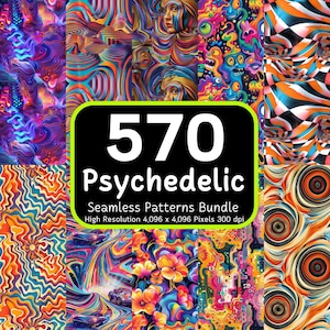 Bundel 570 psychedelische naadloze patronen, psychedelische achtergrond, psychedelisch papier, sublimatieontwerp, kleurrijk naadloos, naadloze bundel