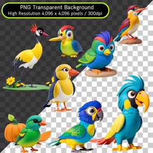 May include: A collection of colorful cartoon birds, including a blue and green parrot, a blue and yellow parrot, a green and yellow bird, a yellow and black bird, a green bird with a pumpkin, a yellow and green bird, and a blue and green bird.