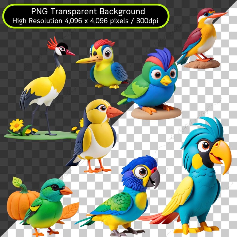 May include: A collection of colorful cartoon birds, including a blue and green parrot, a blue and yellow parrot, a green and yellow bird, a yellow and black bird, a green bird with a pumpkin, a yellow and green bird, and a blue and green bird.