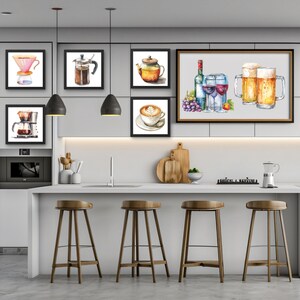 May include: A kitchen interior with a white countertop and four wooden bar stools. The wall behind the countertop is decorated with framed watercolor paintings of coffee, tea, wine, and beer.