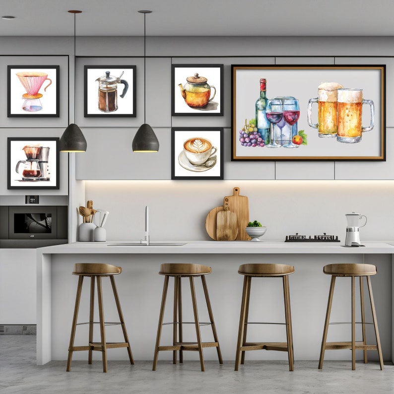 May include: A kitchen interior with a white countertop and four wooden bar stools. The wall behind the countertop is decorated with framed watercolor paintings of coffee, tea, wine, and beer.